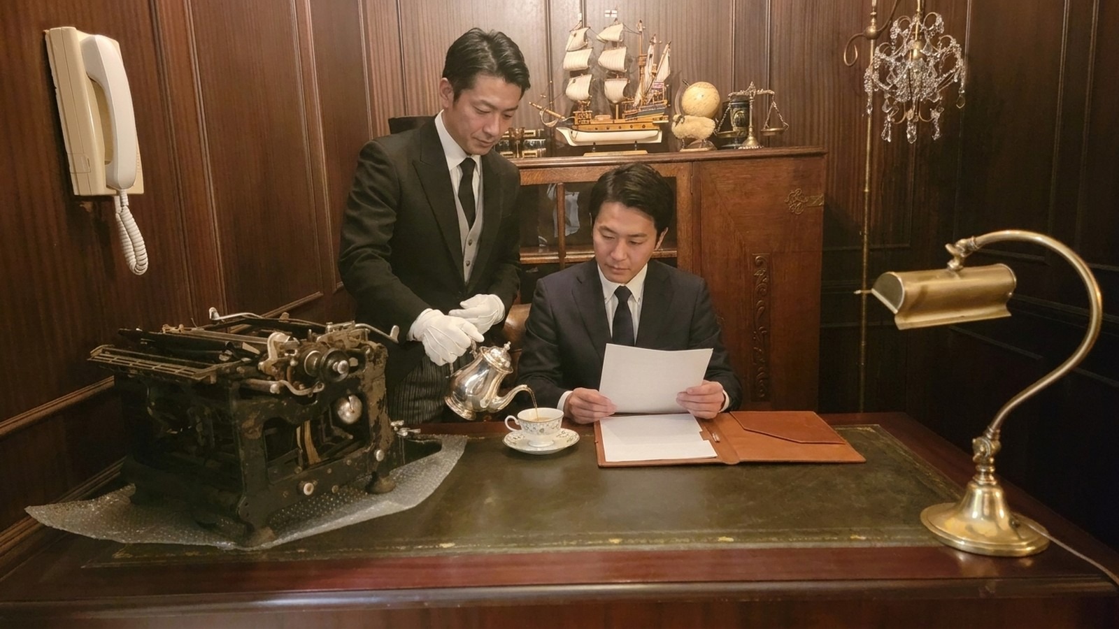 応接室で顧客にお茶を出す所作の整った日本人プライベートバンカー