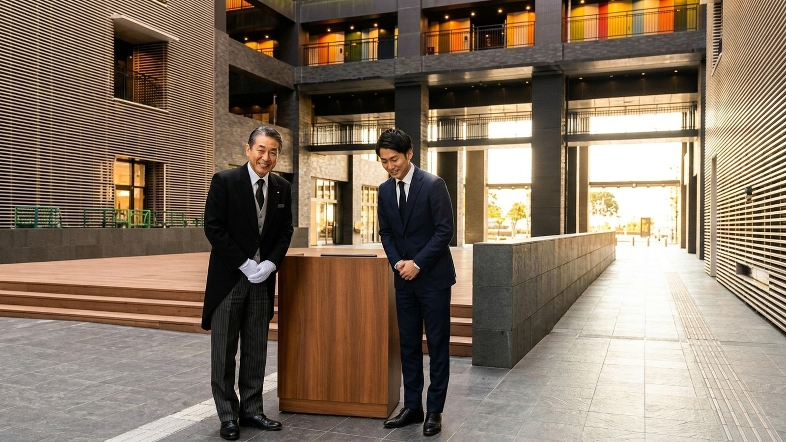 高級レジデンスのエントランスで入居者を迎えるコンシェルジュ