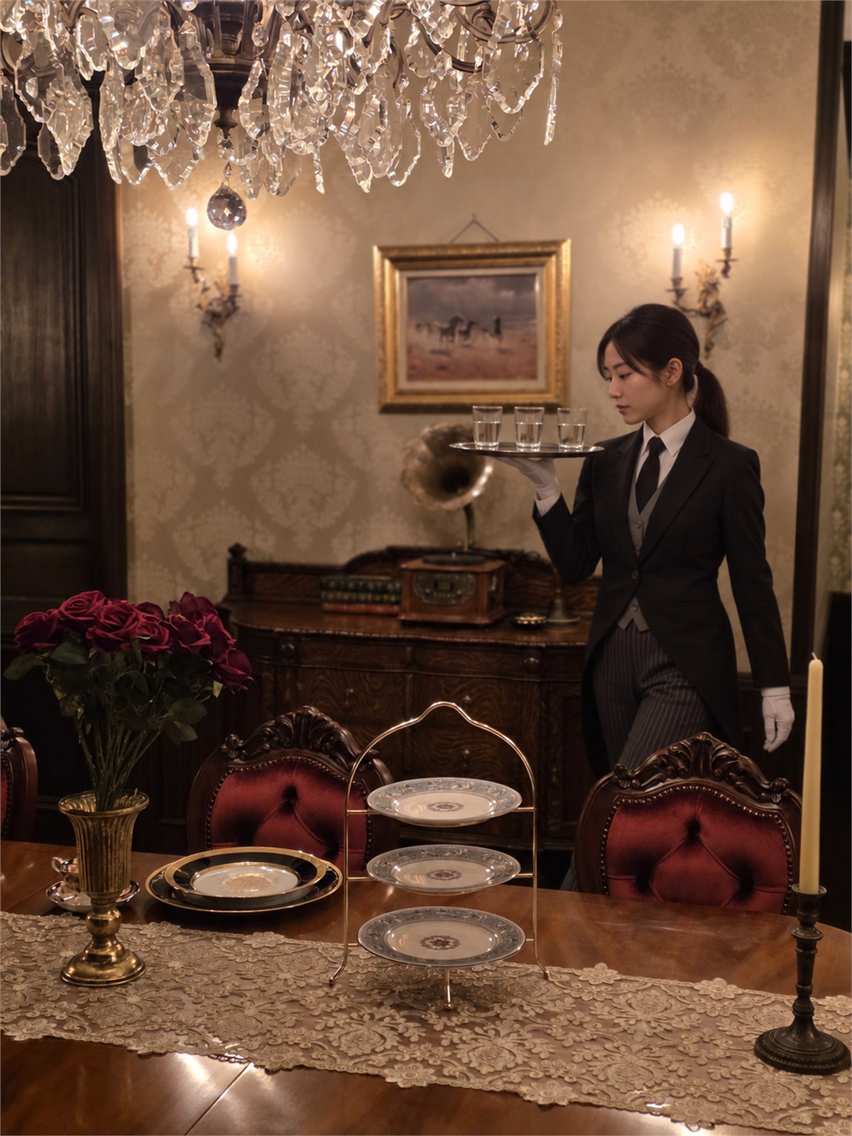 正餐室で若い女性受講生が水の入ったグラス3脚を銀盆で運ぶ