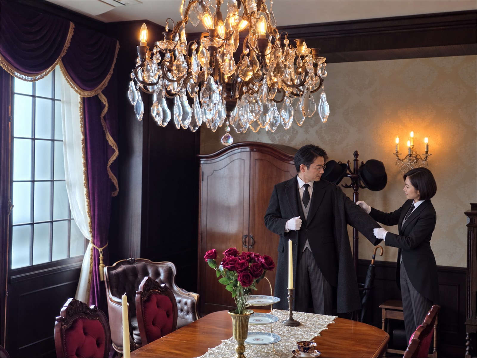 Female trainee adjusting a male instructor's coat sleeve in the dining room