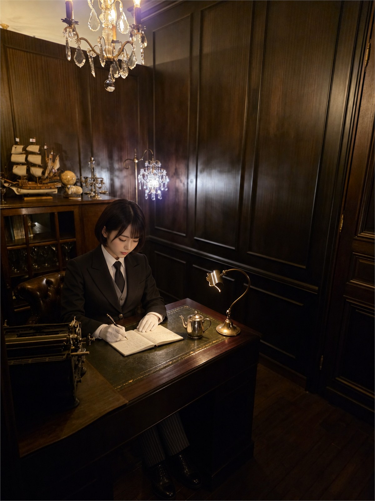 木張りの書斎で若い女性受講生がノートに筆記 木張りの書斎で若い女性受講生がノートに筆記