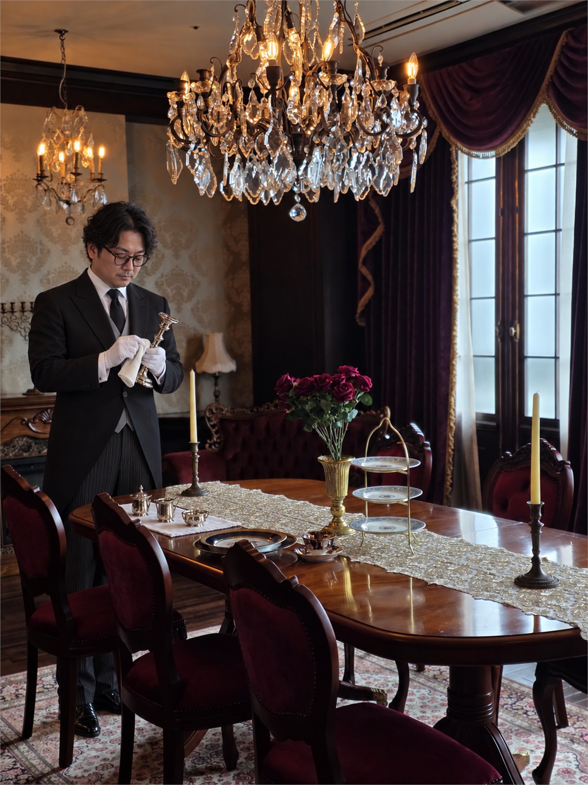 正餐室で中年男性受講生が銀の燭台を布で磨く