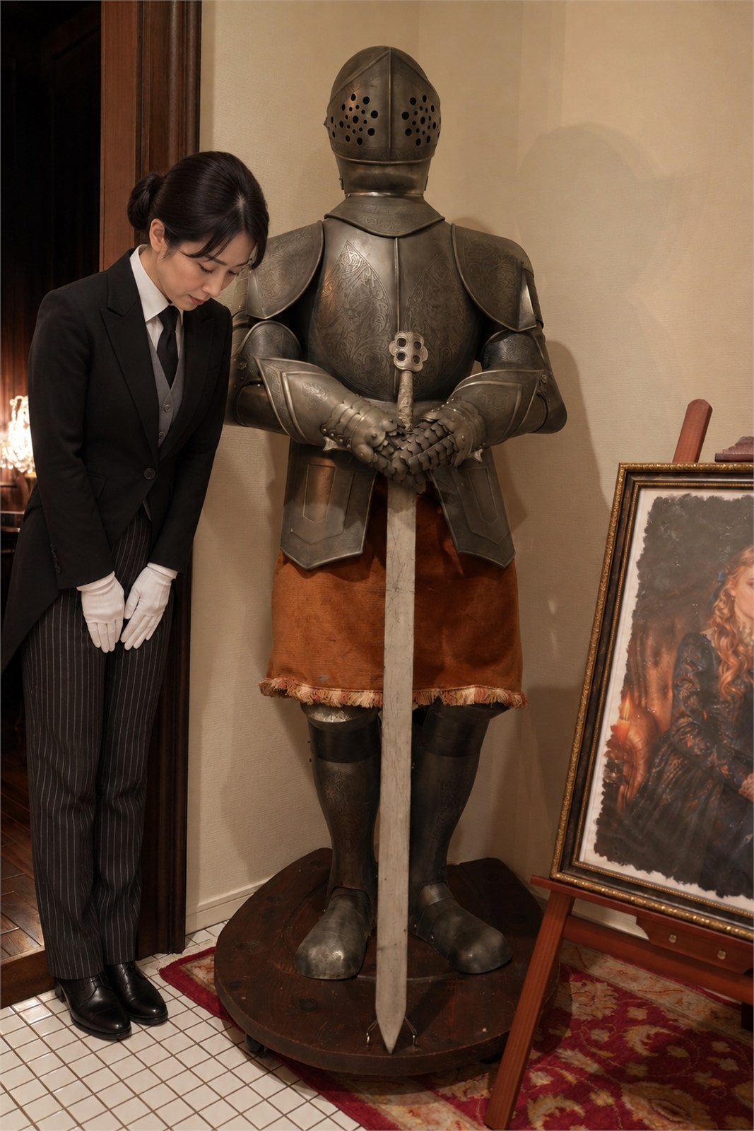 Young female trainee bowing deeply beside the armour in the entrance hall