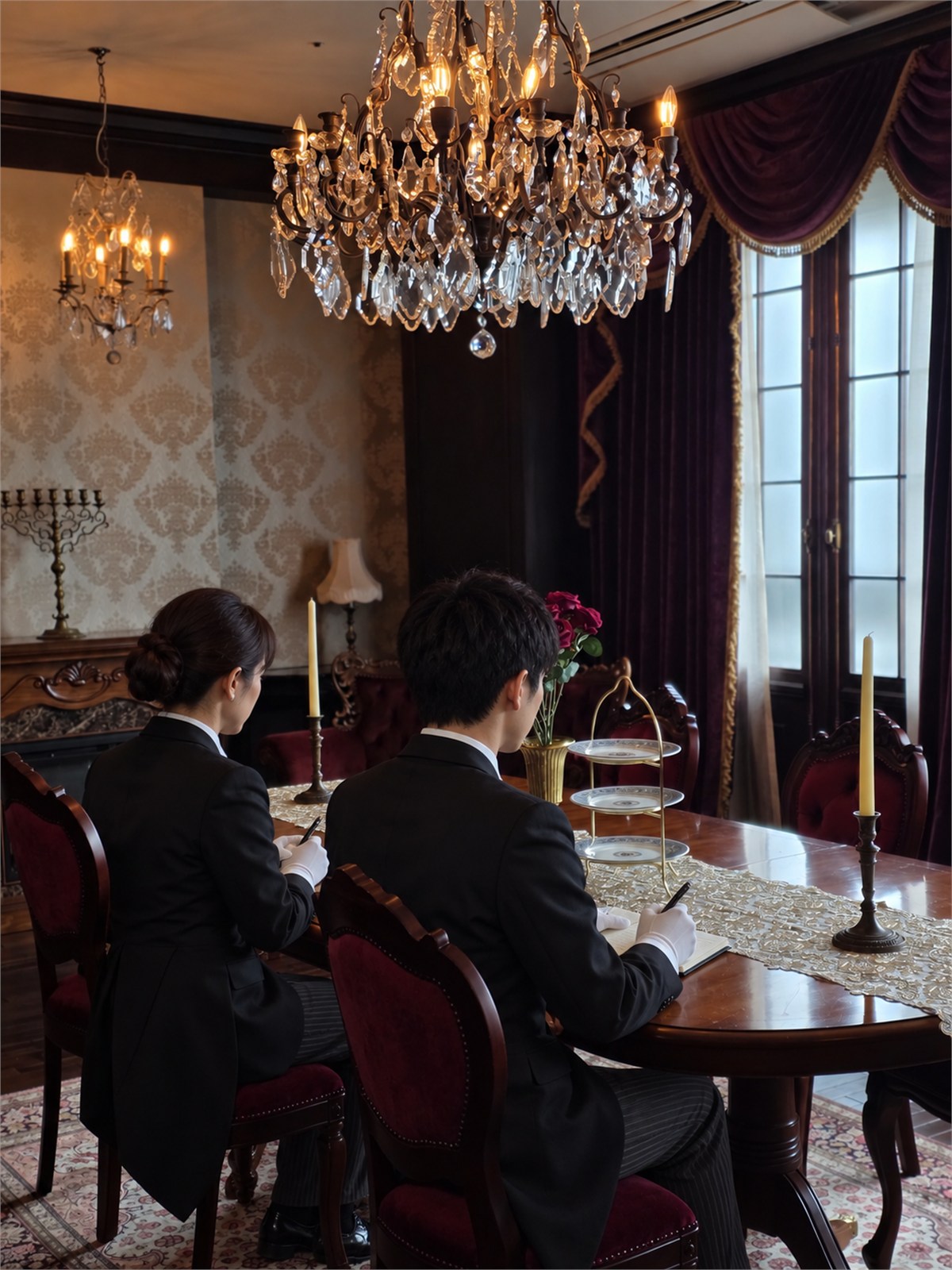Two trainees writing notes at the long dining table