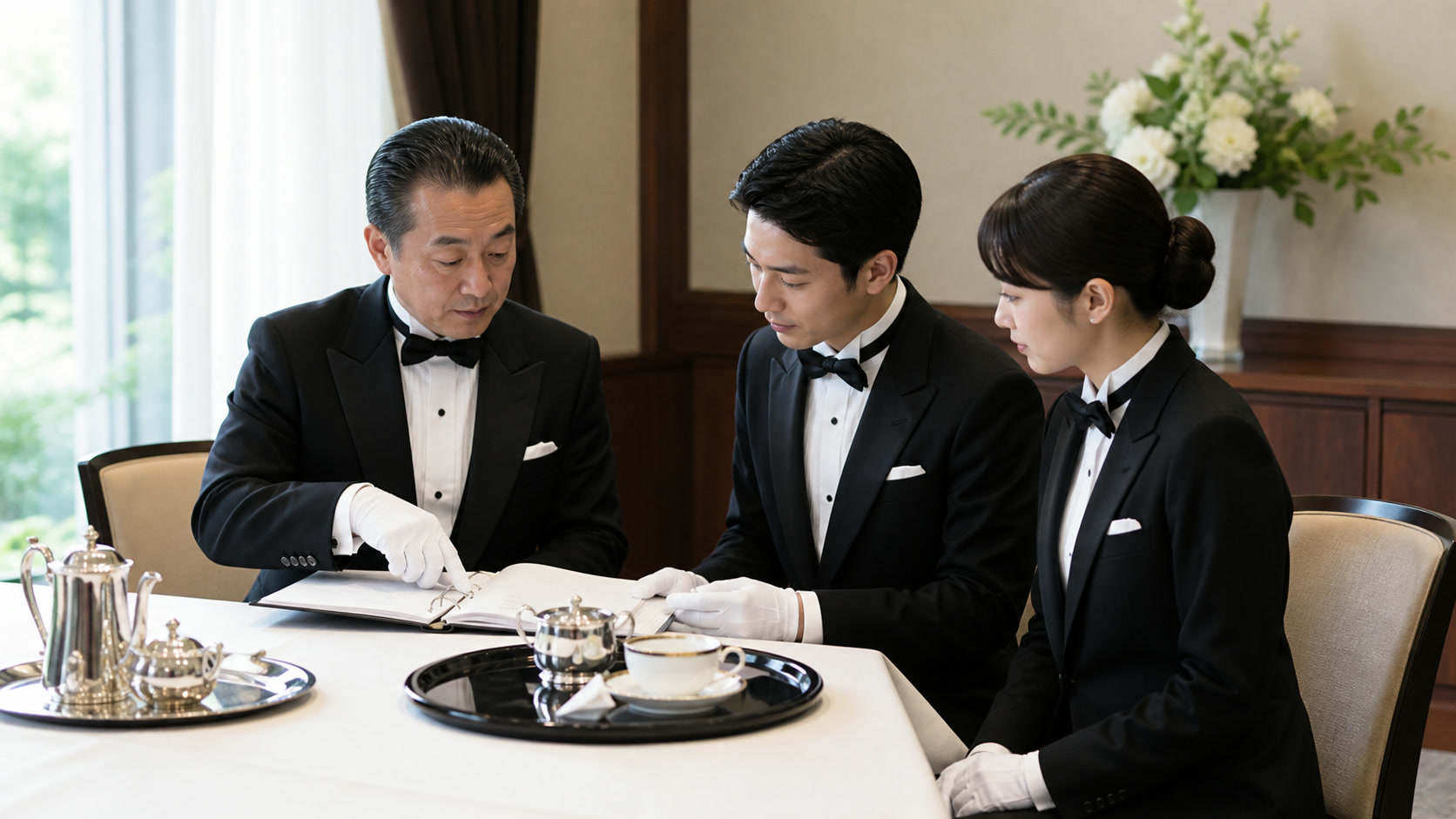 協会の研修で所作を確かめる場面（全日本執事協会の公式サイトの写真）