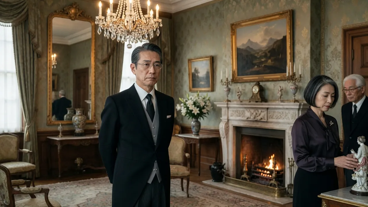 A butler attending the household in a drawing room (top image of the association site)