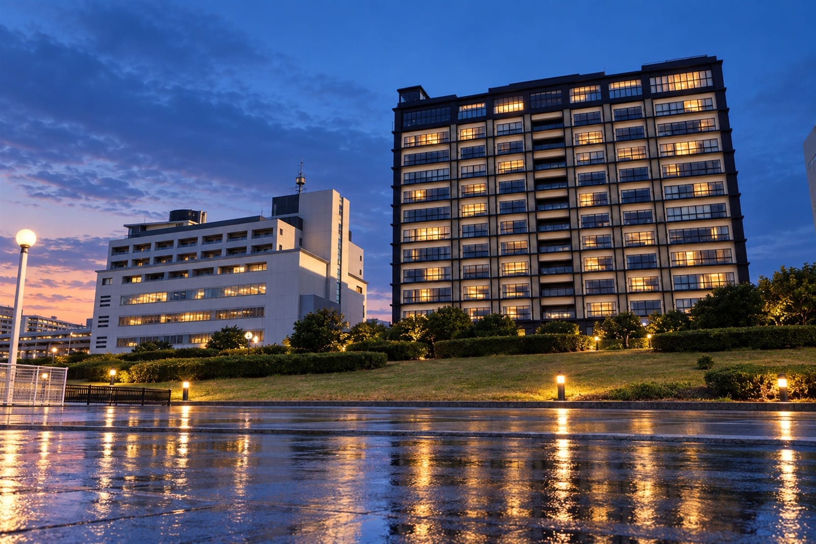 The building that houses the mansion at dusk in Aomi (photograph)