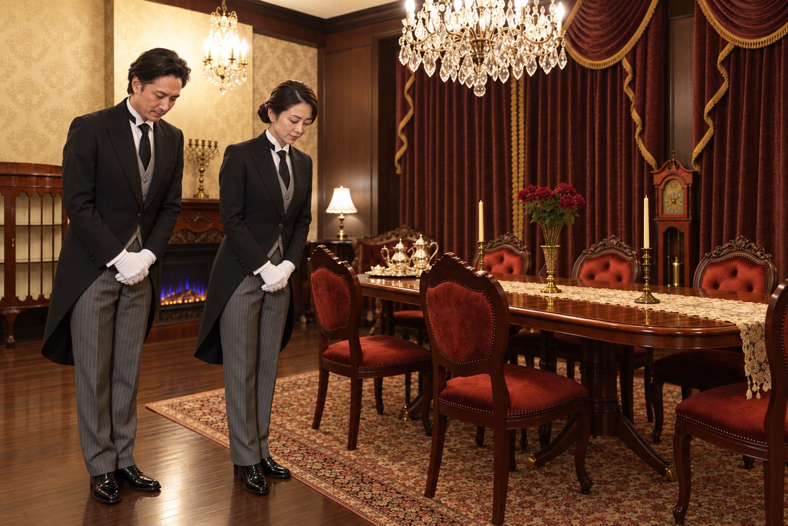 Two butlers bowing side by side in the dining room (photograph of the house)