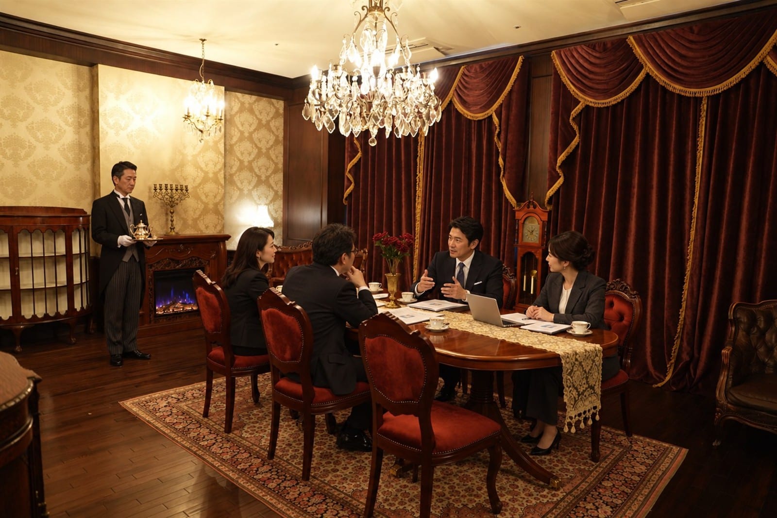 Four people in a meeting in the dining room, with a butler bringing tea (Queen\'s Butler photograph)