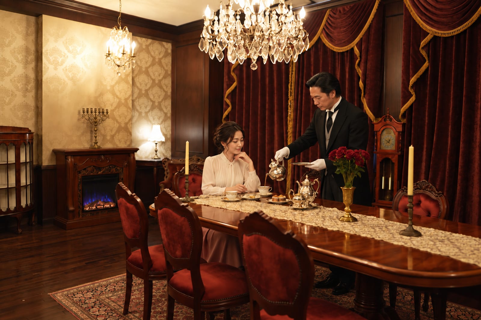 A butler pouring tea from a silver pot in the dining room (photograph of the house)