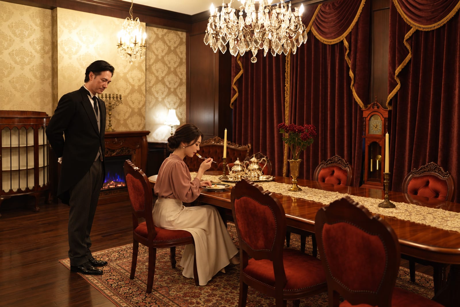 A butler waiting behind a table laid with silver (photograph of the house)
