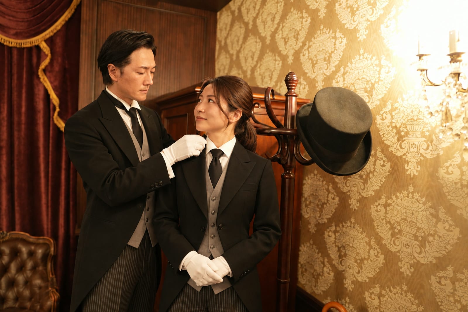 A butler adjusting the collar of an apprentice morning coat in the wardrobe (photograph of the house)