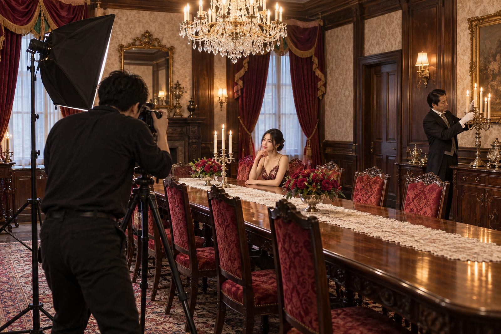 A shoot in the fireplace room with a model on the sofa and a photographer (photograph of the house)