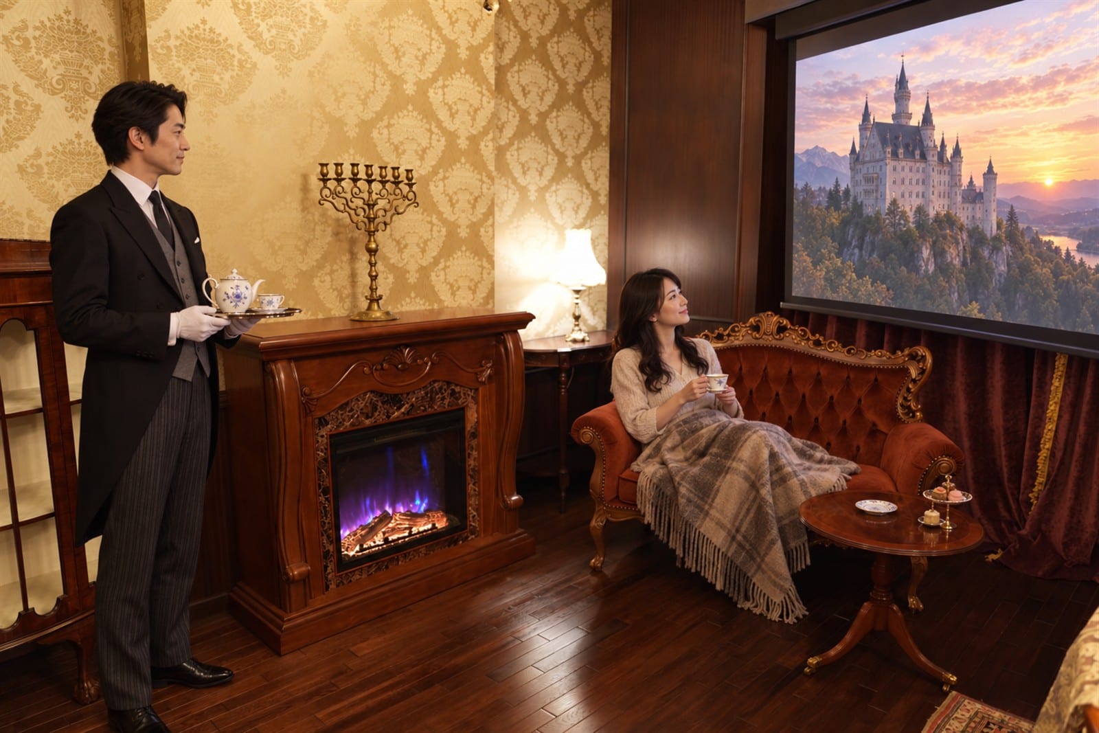 The master relaxing before the 120-inch screen in the fireplace room (photograph of the house)