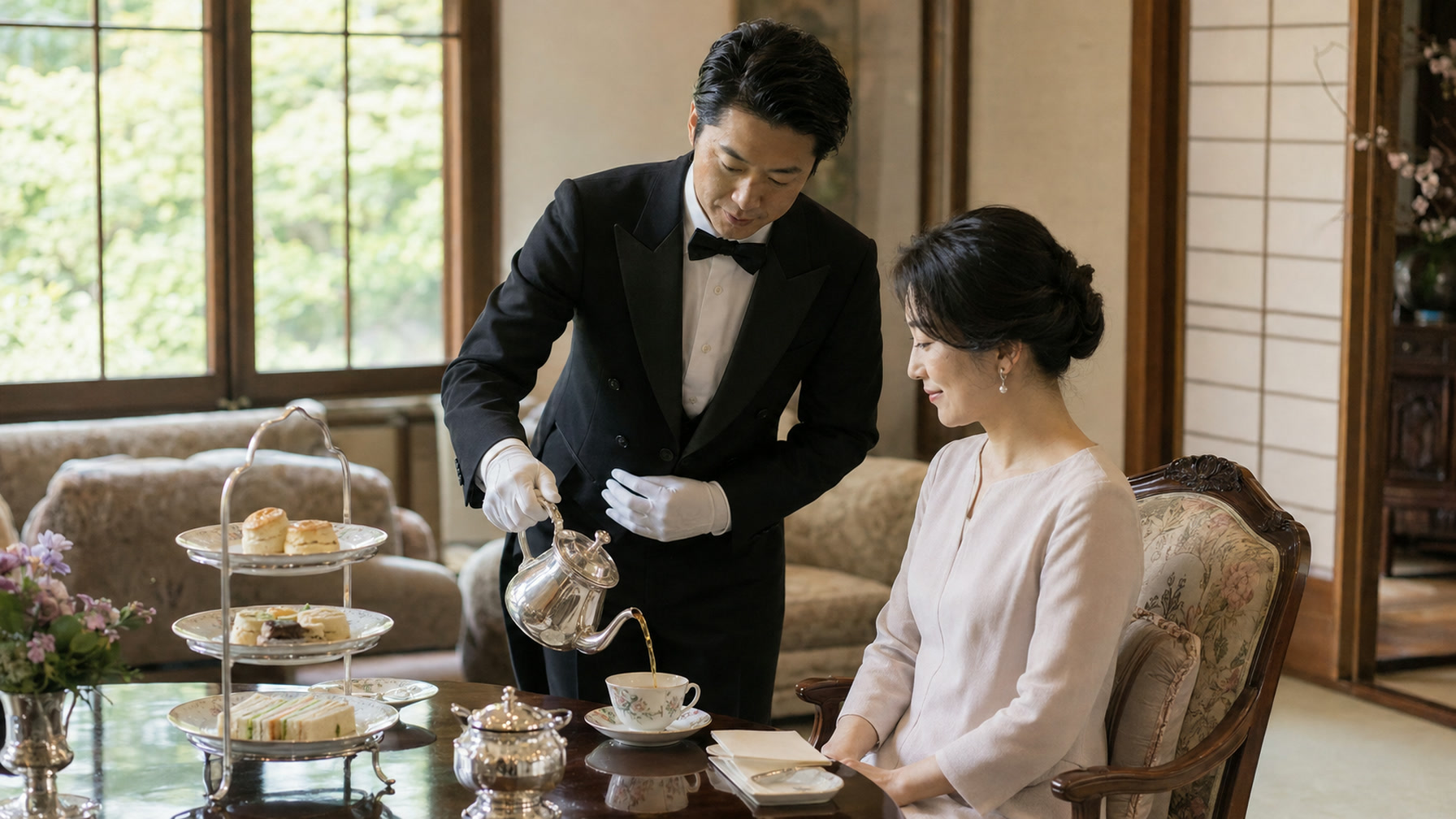紅茶を供する執事の所作（THE BUTLER の公式サイトの写真）