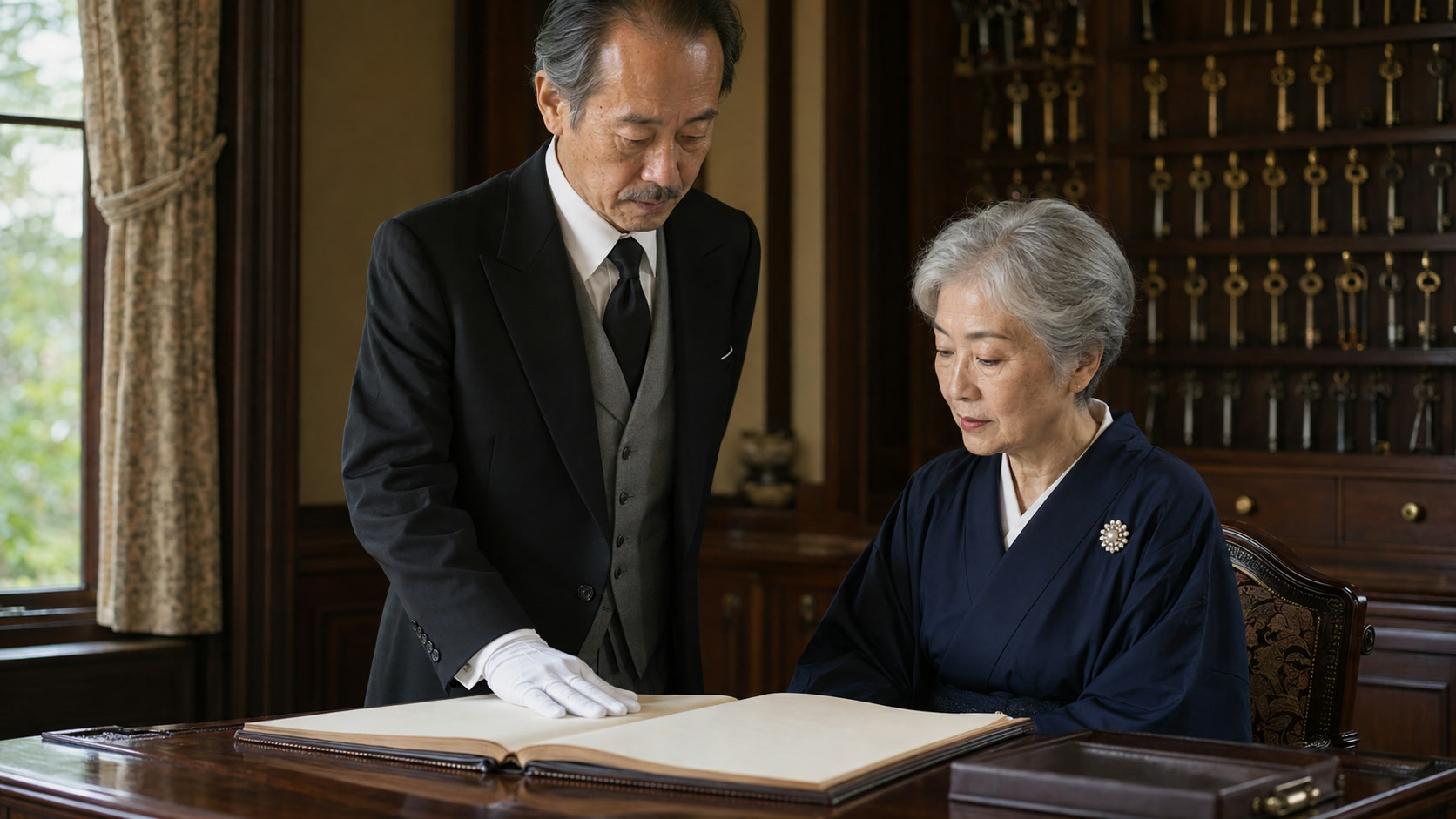 記録を確かめながら依頼主の用向きを整理する執事（THE BUTLER の公式サイトの写真）