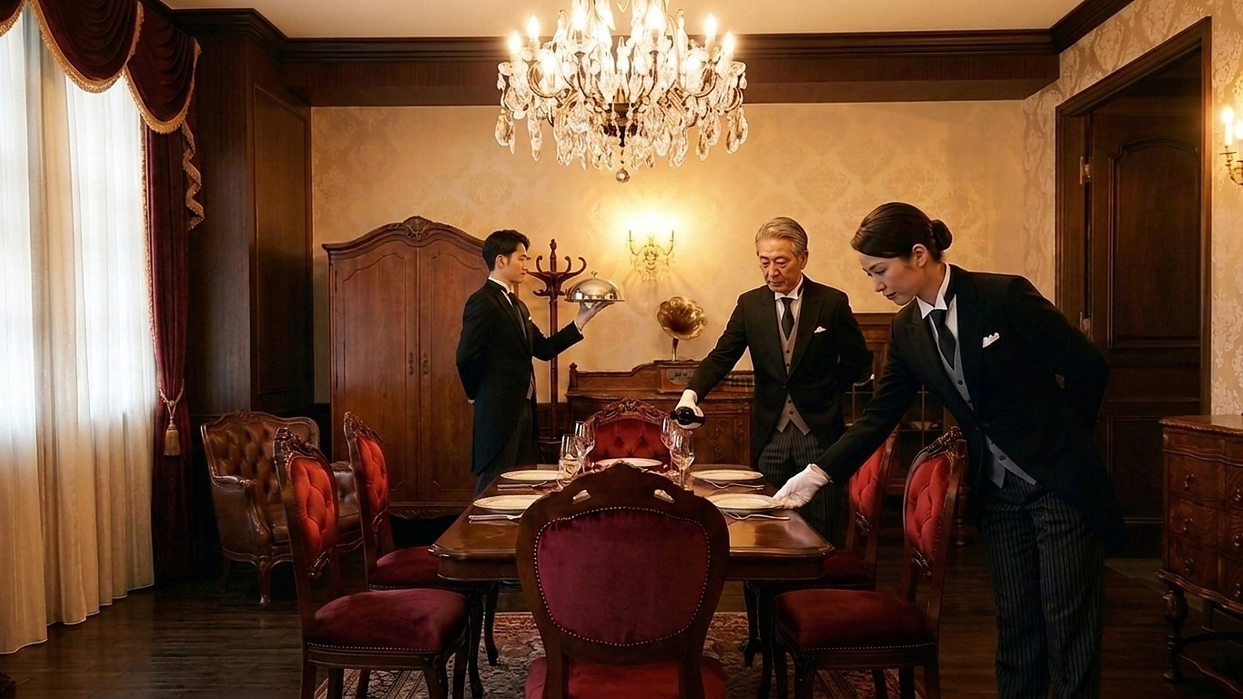 THE BUTLER butlers preparing the dining room (image from THE BUTLER)