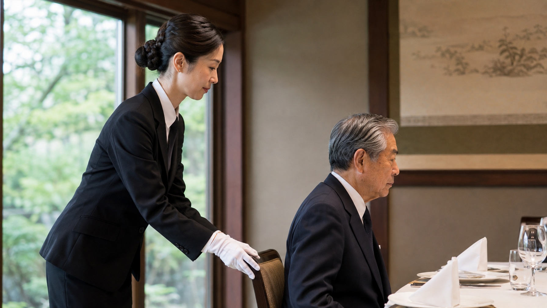 着席の介添えとナプキンの所作（THE BUTLER の画像）